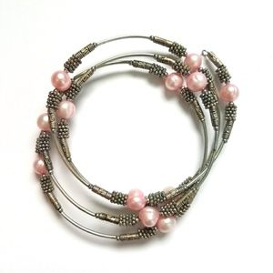 Multi Layered Pink/Silver Beaded Bangle Bracelet